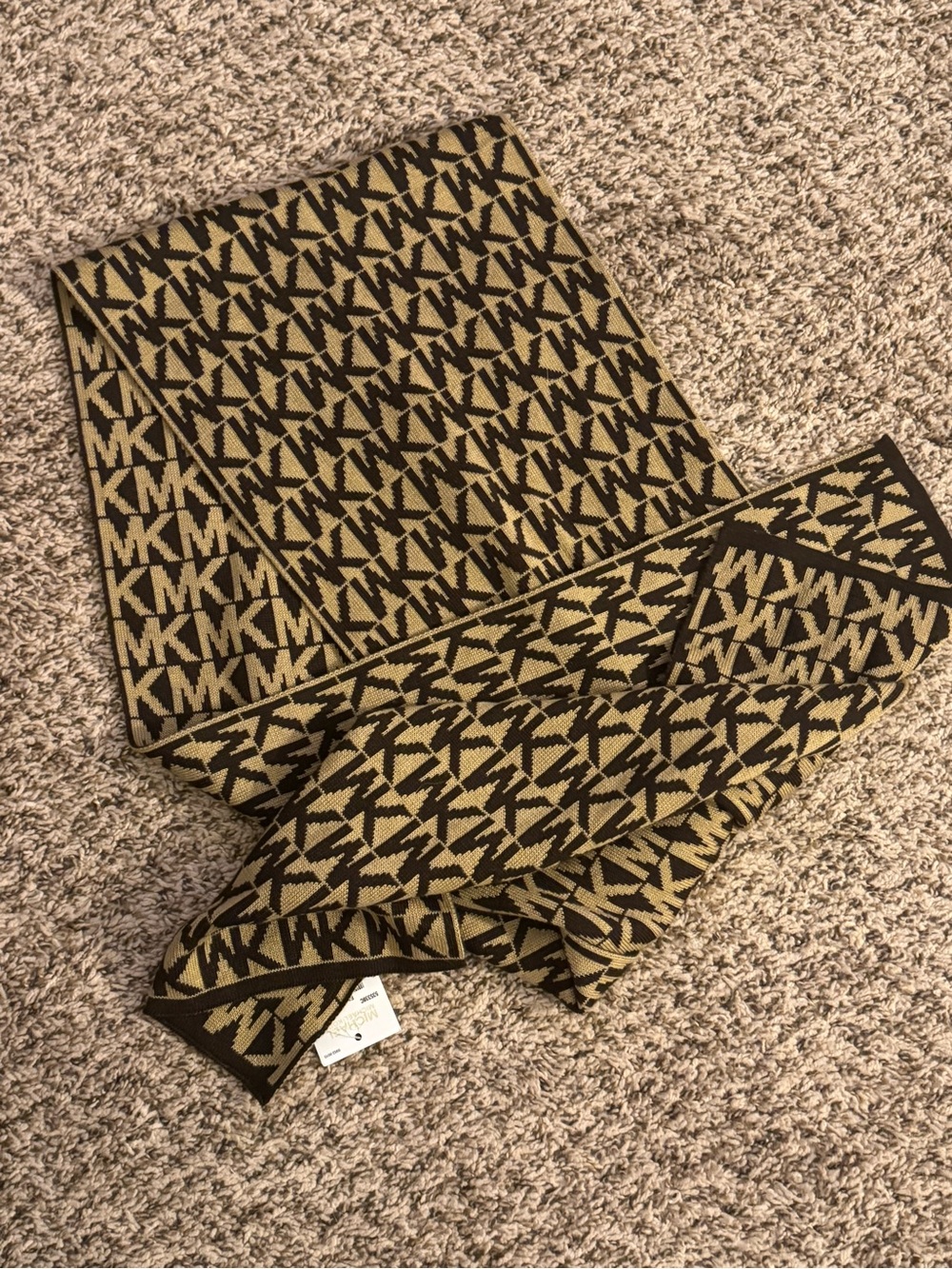 Michael Kors Brown and Beige MK Logo Knit Scarf
